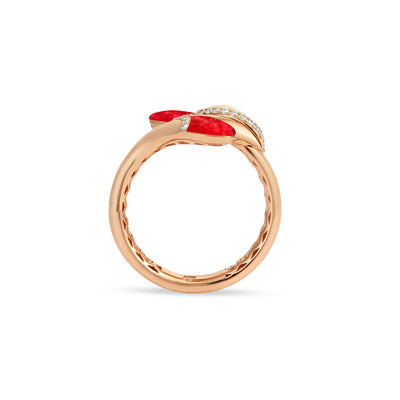 RONZA Rose Gold diamond Ring with Leaves Cherry Quartz Double Head