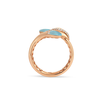 RONZA Rose Gold diamond Ring with Leaves Blue Chalcedony Double Head