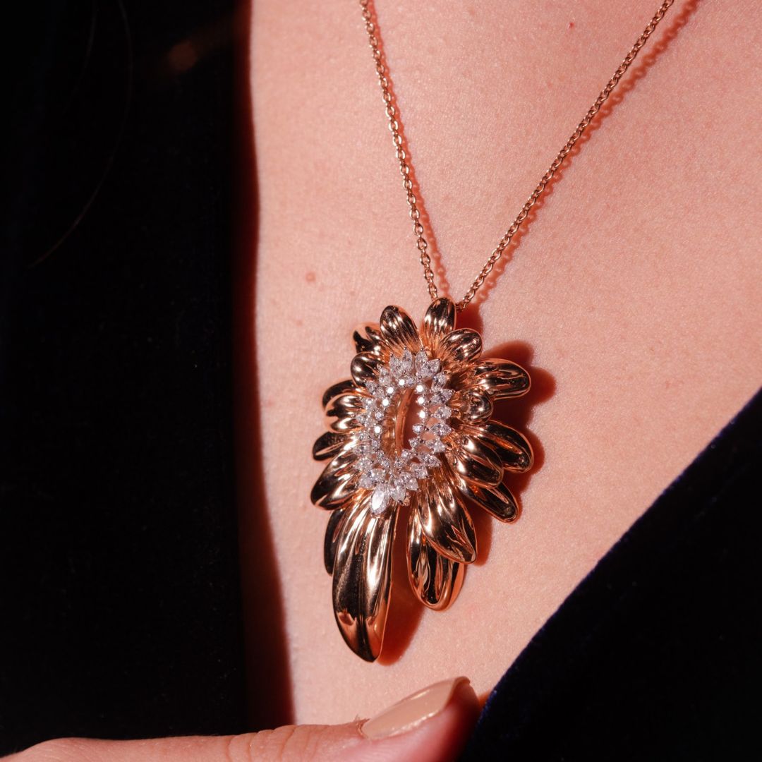 RONZA Rose Gold Leaves Marquis Diamond Pendant.