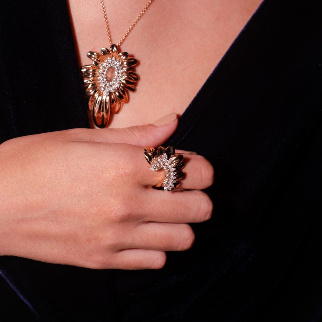 RONZA Rose Gold Leaves Flower Diamond Ring