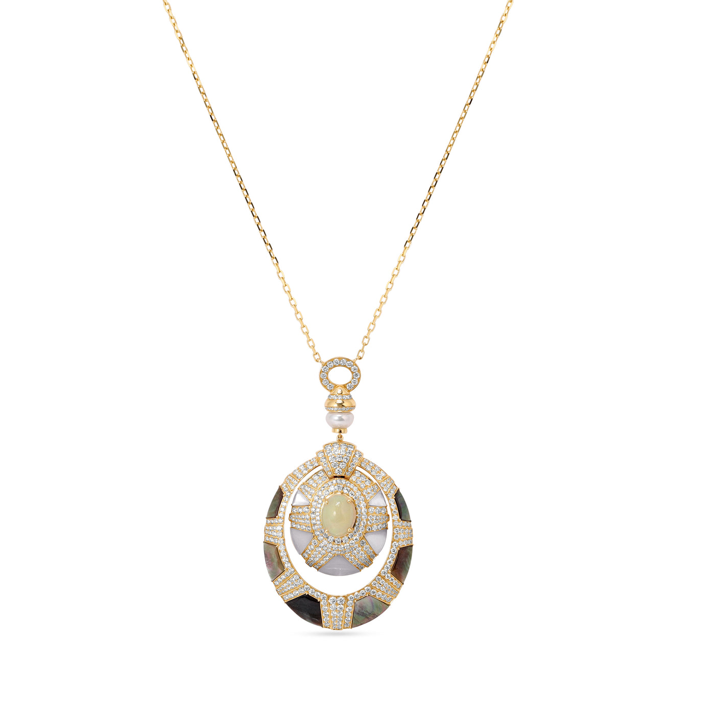 D' OPRAH YELLOW Gold Diamond Necklace Oval Opal