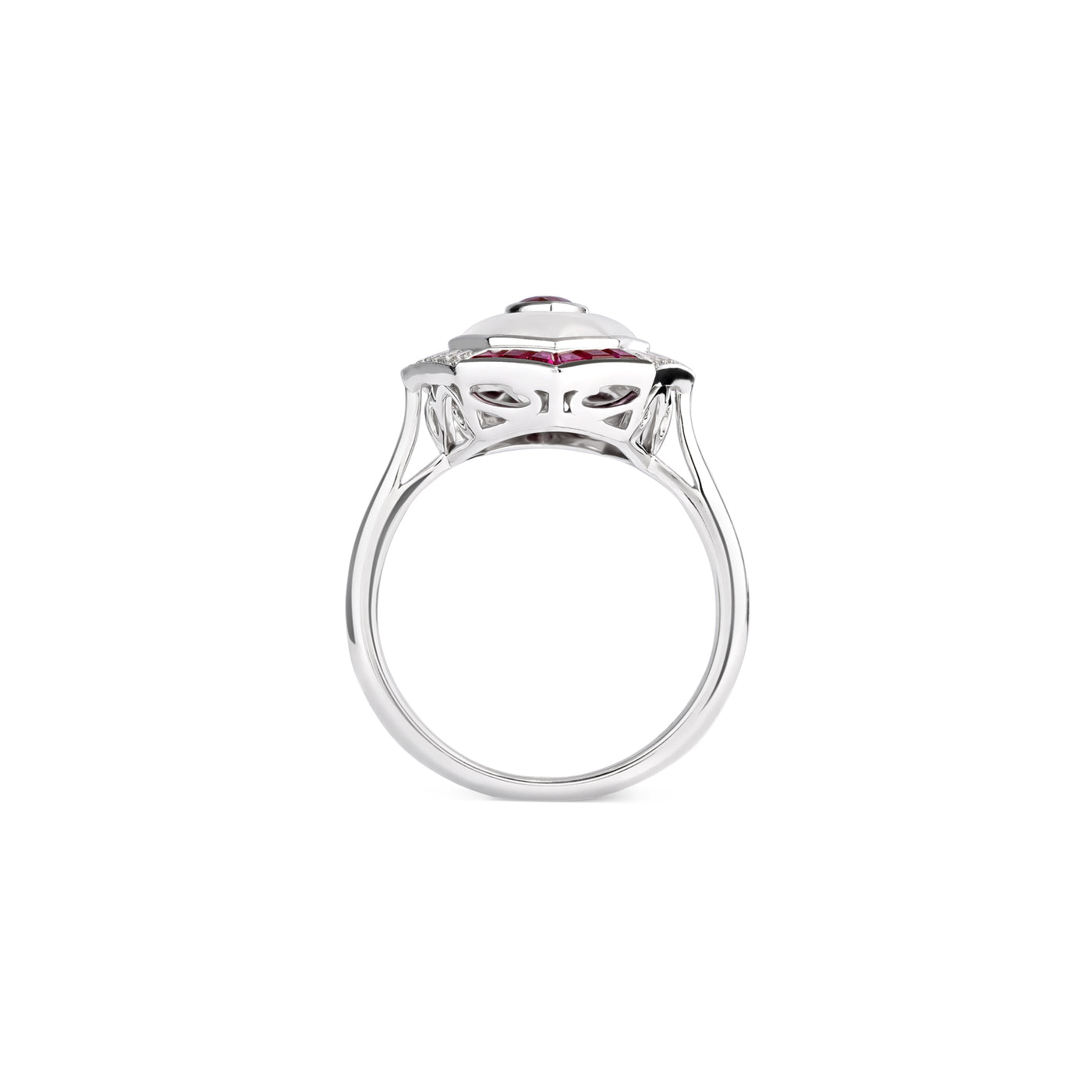 exuberant white gold diamond ring with ruby