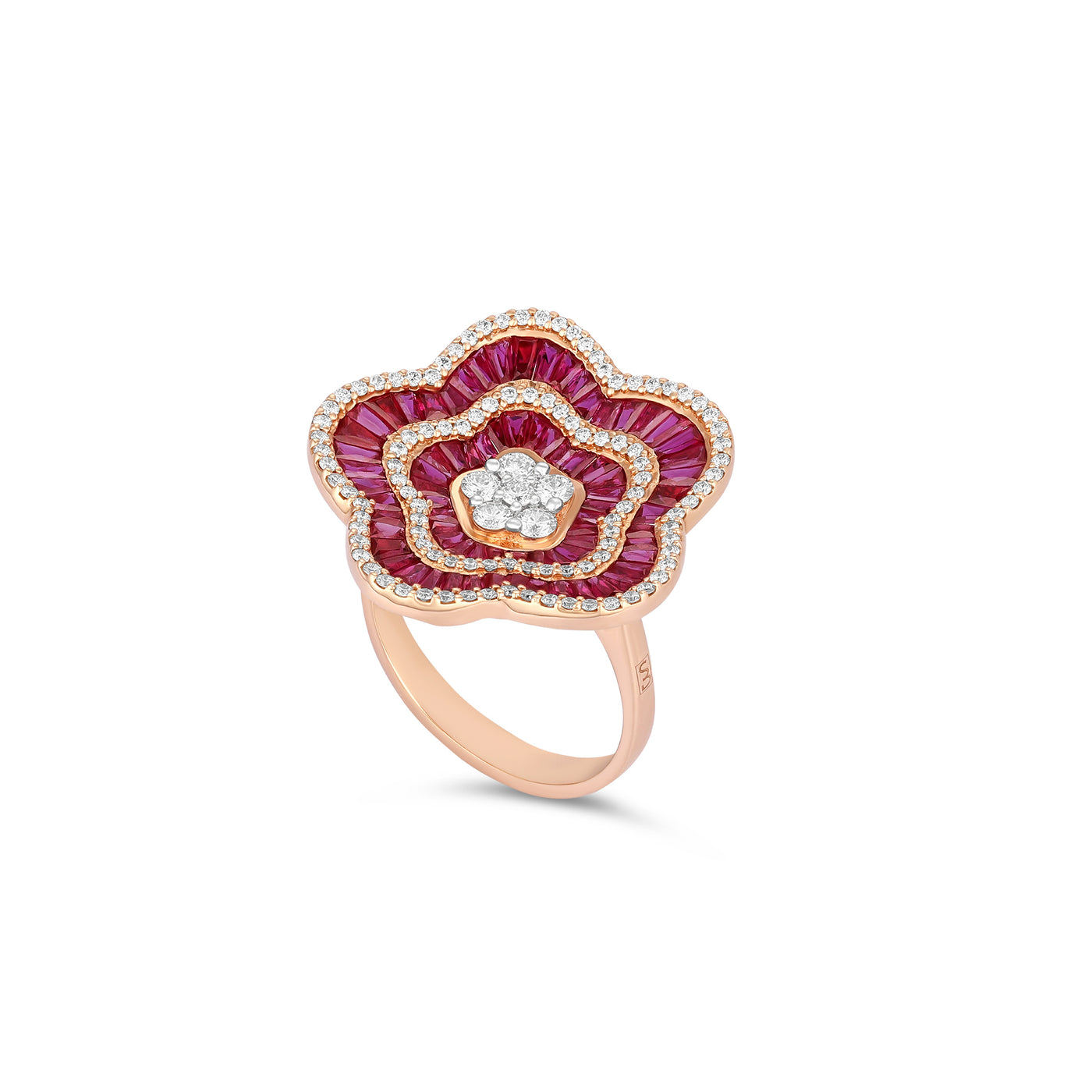 Rose Gold Flower diamond and ruby ring