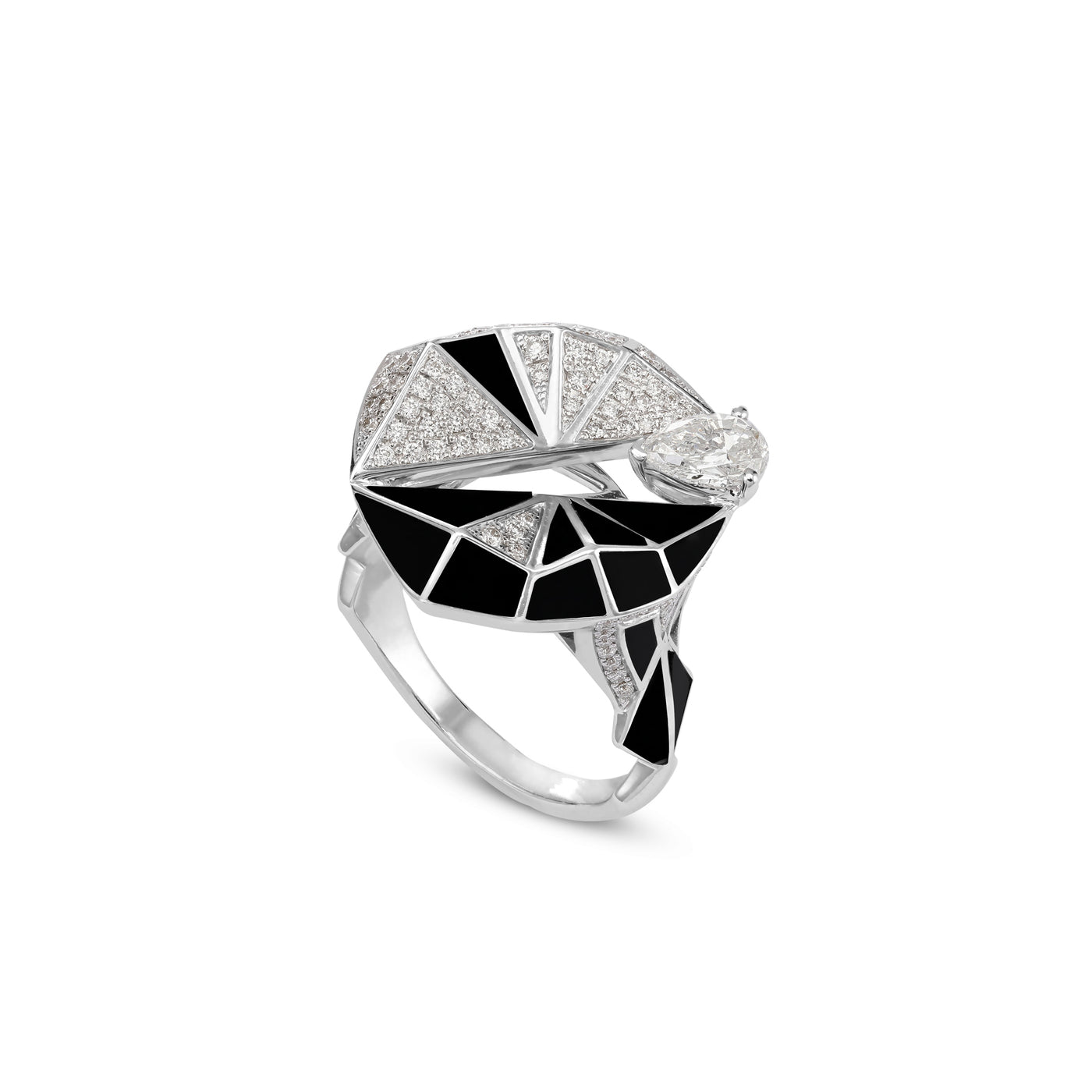 White Gold Diamond Geometric Ring With Black Onyx
