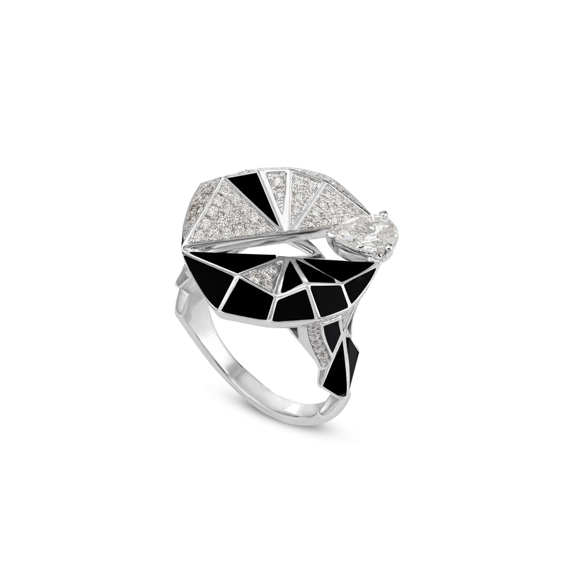 VISTA White Gold Diamond Geometric Ring With Black Onyx