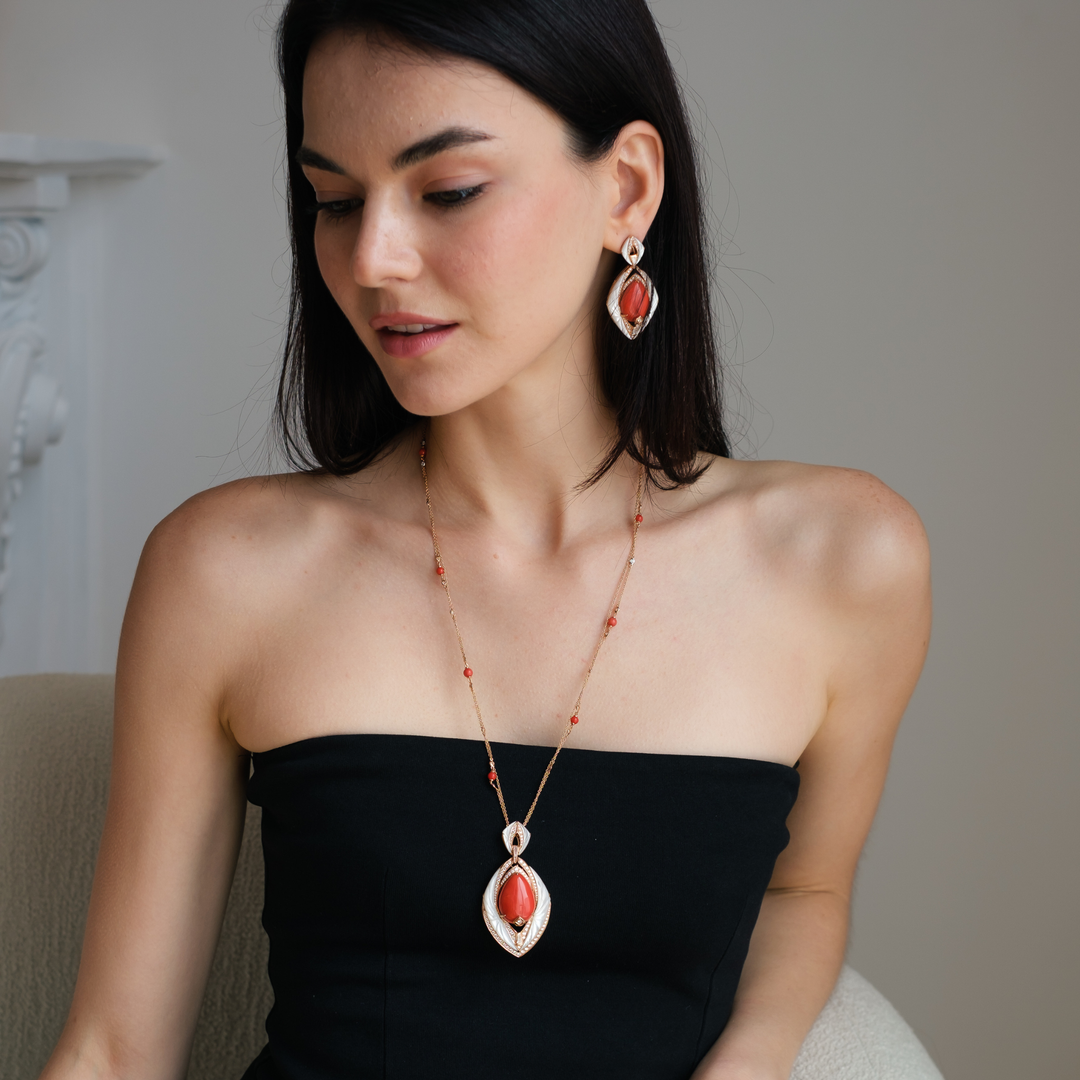Rose Gold Diamond Set with Natural Coral