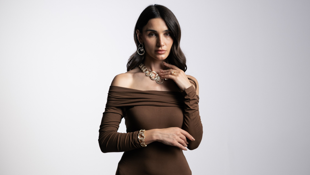 Model wearing Soit Belle High Jewellery diamond necklace, earrings, bracelet and ring