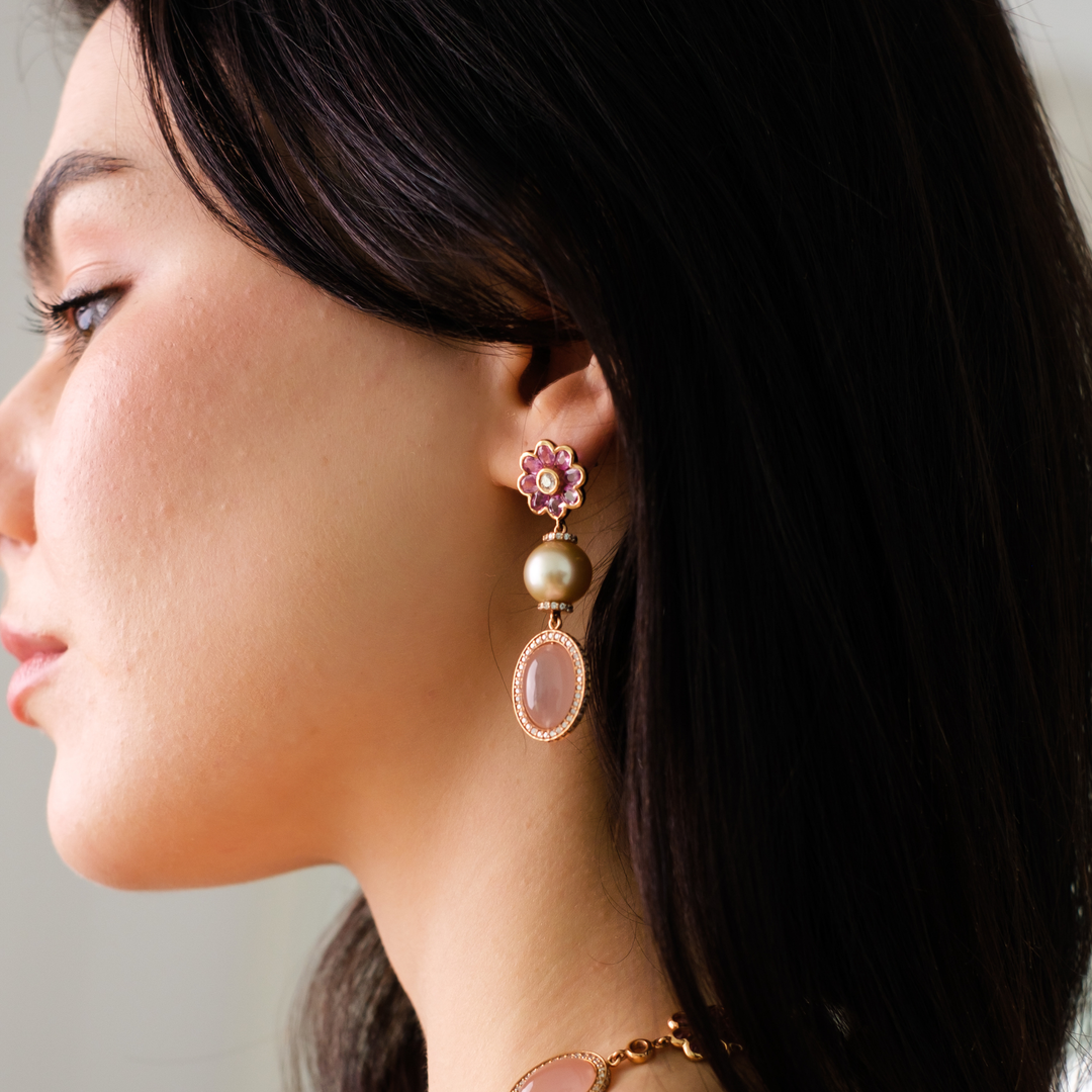 Rose Gold Diamond Set with Natural Sapphire, Pearl and Quartz