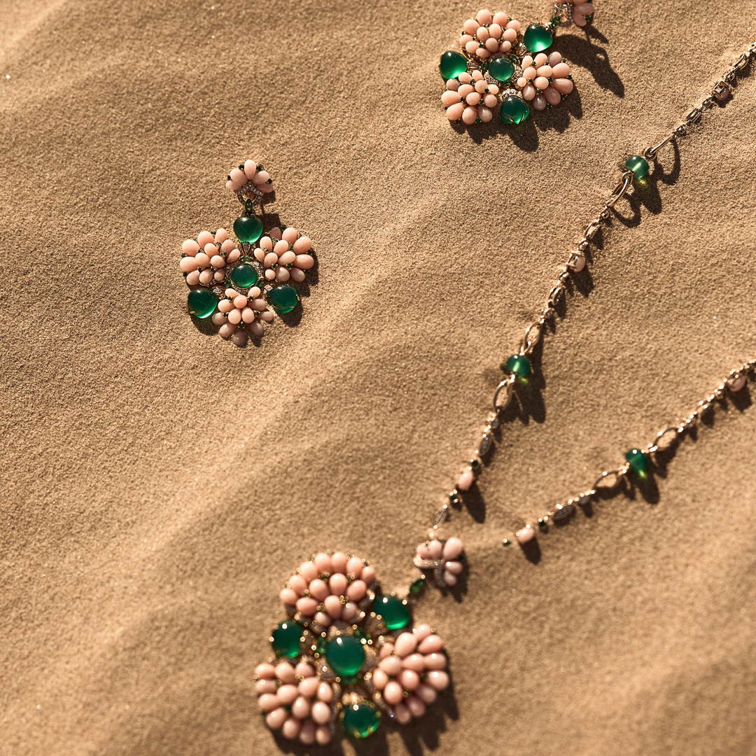 Rose Gold Diamond Set With Emerald and Pink Opal