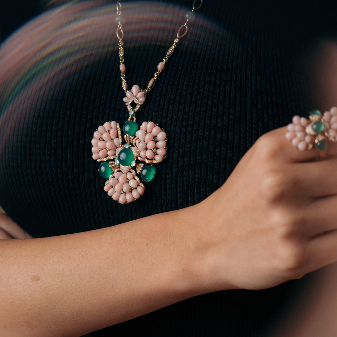 Rose Gold Diamond Set With Emerald and Pink Opal