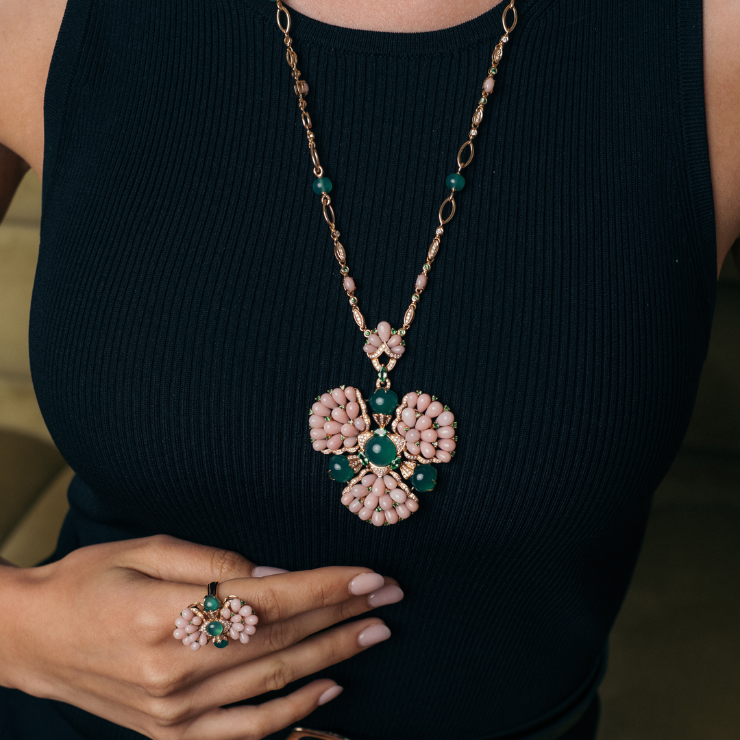 Rose Gold Diamond Set With Emerald and Pink Opal