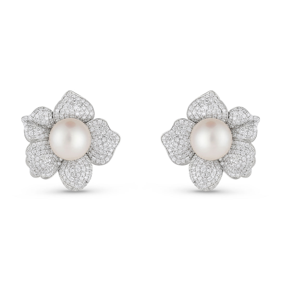 Bahr White Gold Flower Pearl Earrings with Natural Diamond | Soit Belle Fine Jewellery