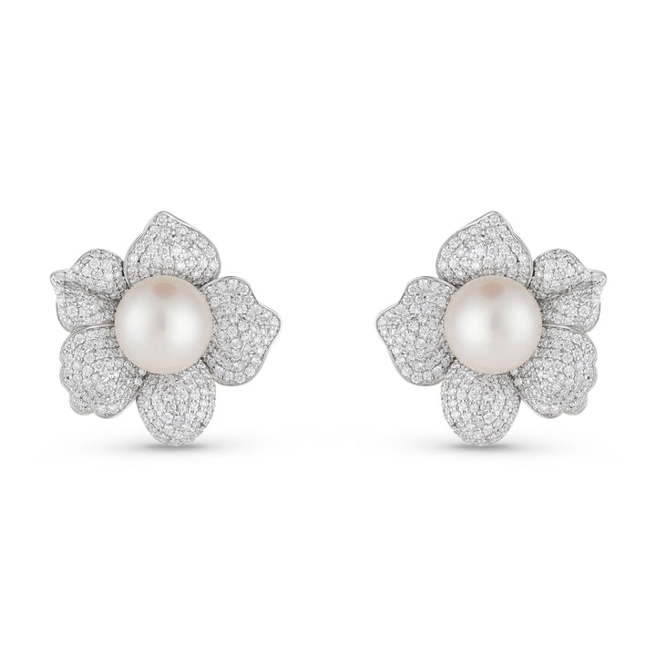 Bahr White Gold Flower Pearl Earrings with Natural Diamond | Soit Belle Fine Jewellery