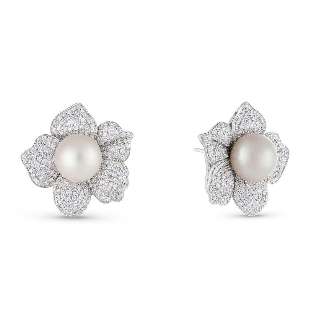 Bahr White Gold Flower Pearl Earrings with Natural Diamond | Soit Belle Fine Jewellery