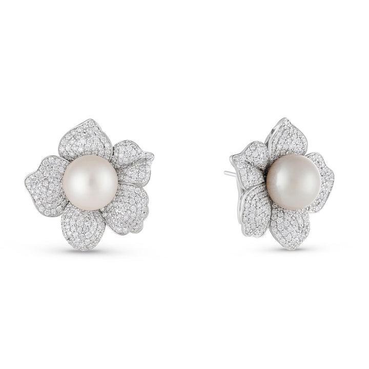 Bahr White Gold Flower Pearl Earrings with Natural Diamond | Soit Belle Fine Jewellery
