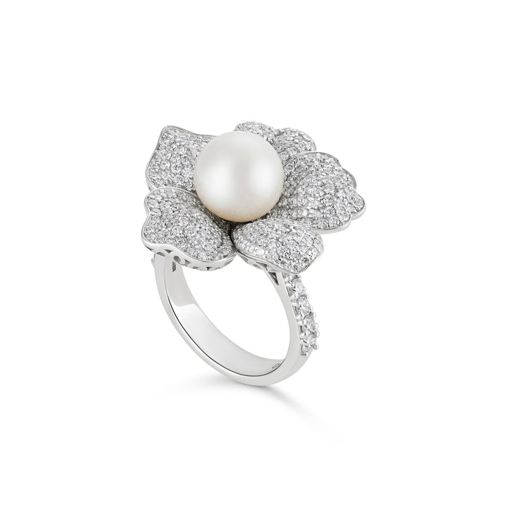 Bahr White Gold Flower Pearl Ring with Natural Diamond | Soit Belle Fine Jewellery