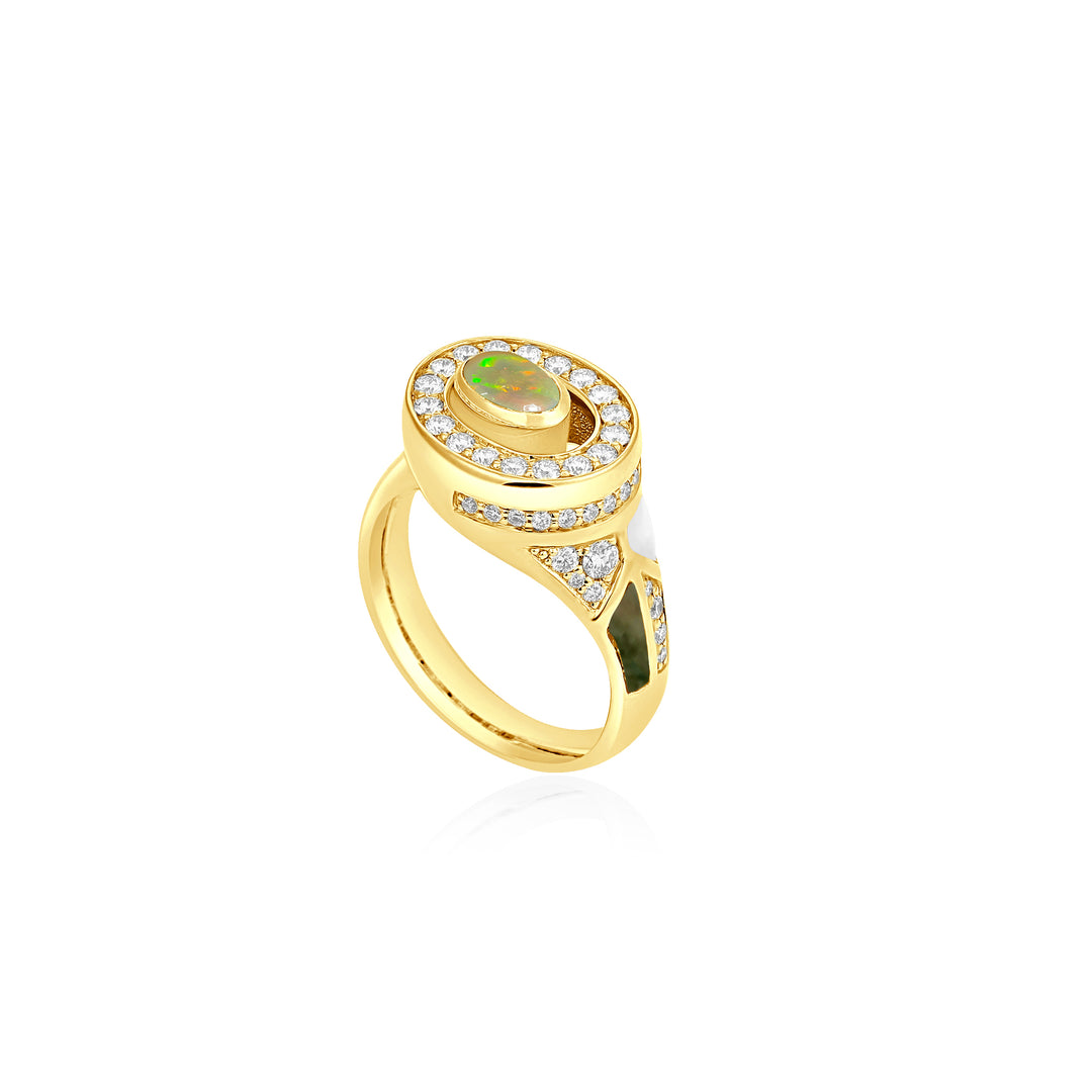 D' OPRAH Yellow Gold Diamond Ring natural Opal
