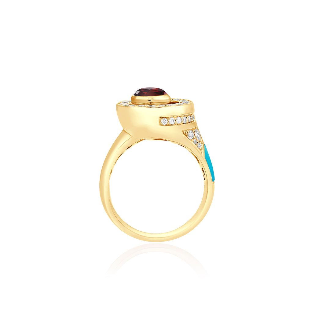 luxury yellow gold rhodolite turquoise diamond ring