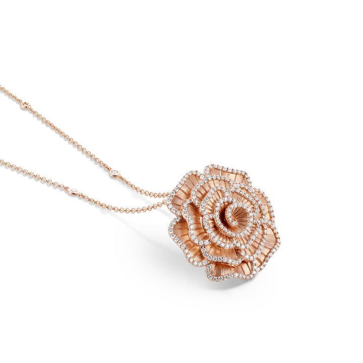 Ronza large Winter Rose pendant in rose gold with natural diamonds, view 1