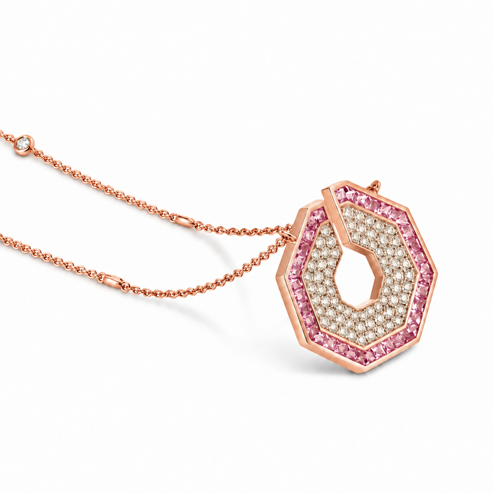Vista Rose Gold Hexagon Pendant With Natural Pink Sapphire | Soit Belle Fine Jewellery