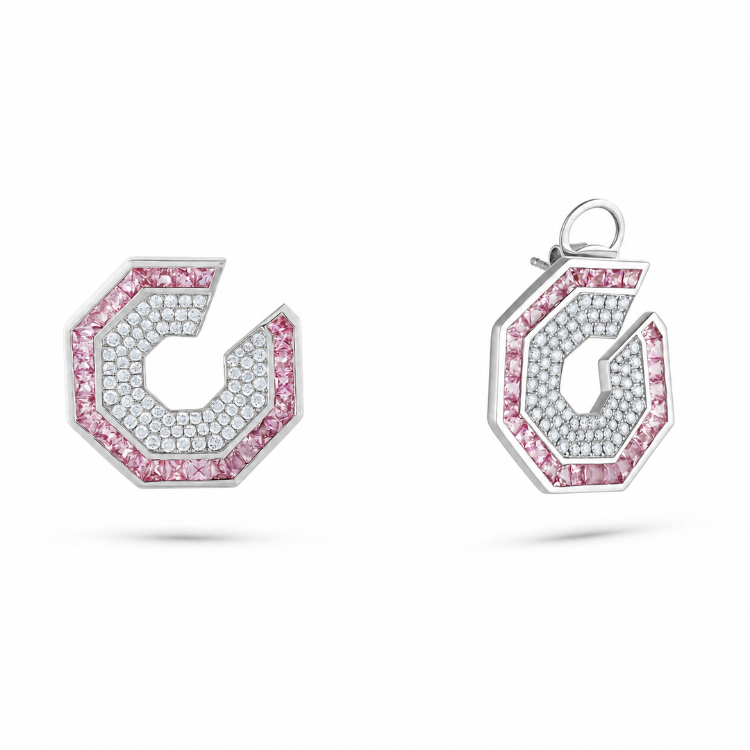Vista White Gold Hexagon Earring With Natural Pink Sapphire | Soit Belle Fine Jewellery