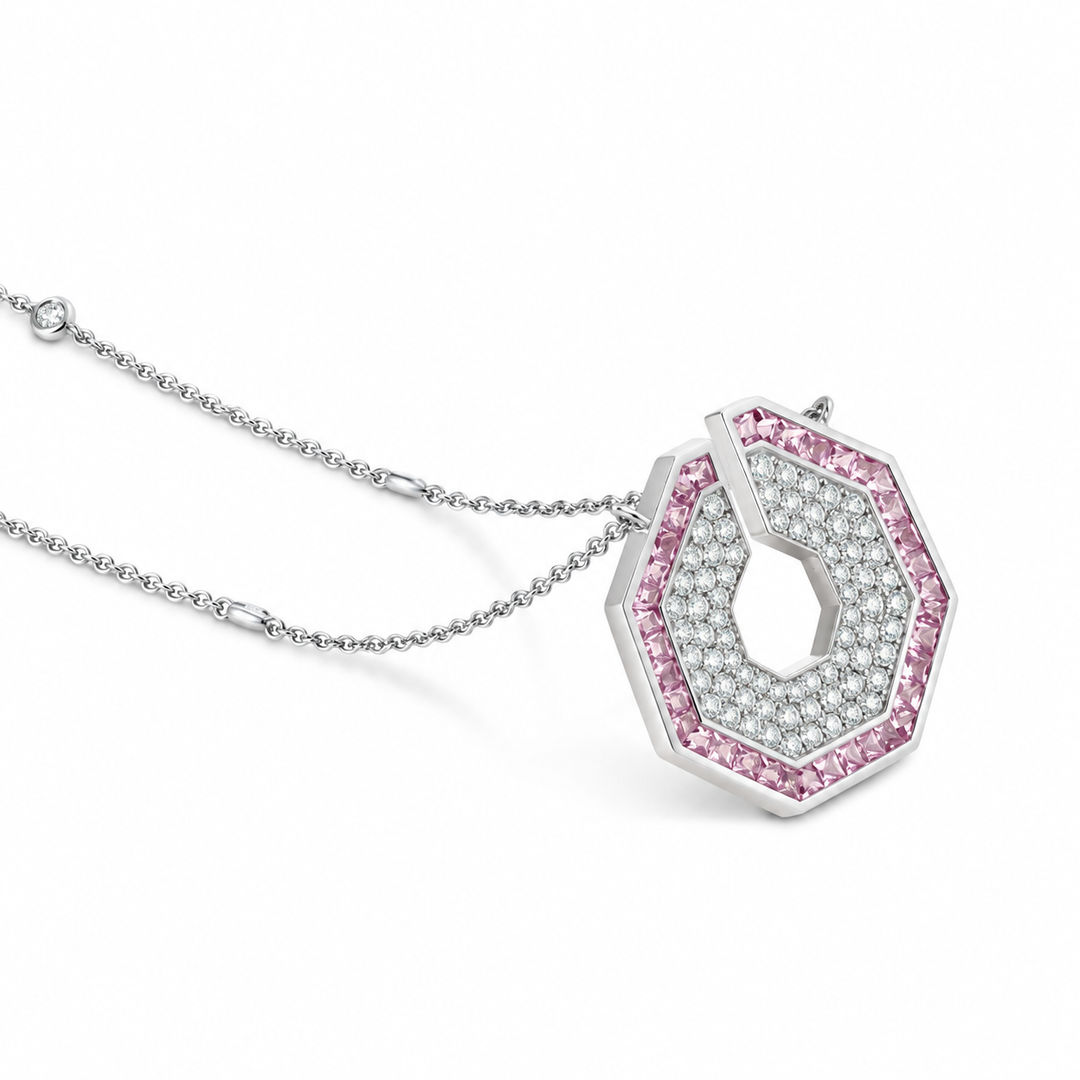 Vista White Gold Hexagon Pendant With Natural Pink Sapphire | Soit Belle Fine Jewellery