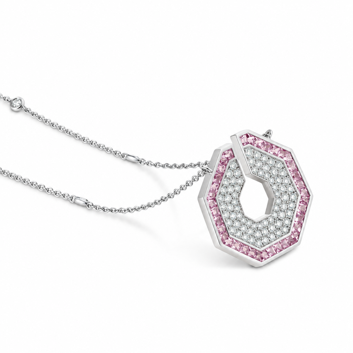 Vista White Gold Hexagon Pendant With Natural Pink Sapphire | Soit Belle Fine Jewellery