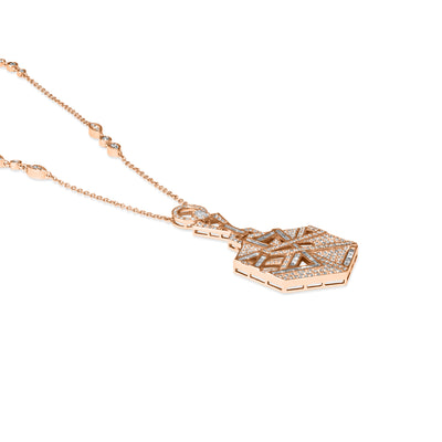 A medium size rose gold hexagon diamond pendant.