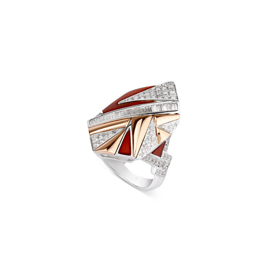 Geometric White Gold Diamond Ring with Carnelian