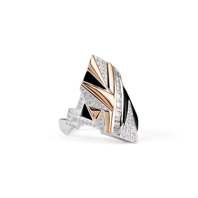 White Gold Diamond Geometric ring with black onyx