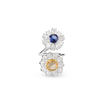White Gold Diamond 2 Flower Ring With Natural Sapphire by Soit Belle