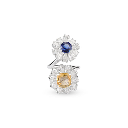 White Gold Diamond 2 Flower Ring With Natural Sapphire by Soit Belle White Gold Diamond 2 Flower Ring With Natural Sapphire