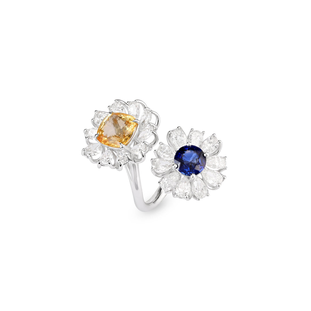 White Gold Diamond 2 Flower Ring With Natural Sapphire by Soit Belle