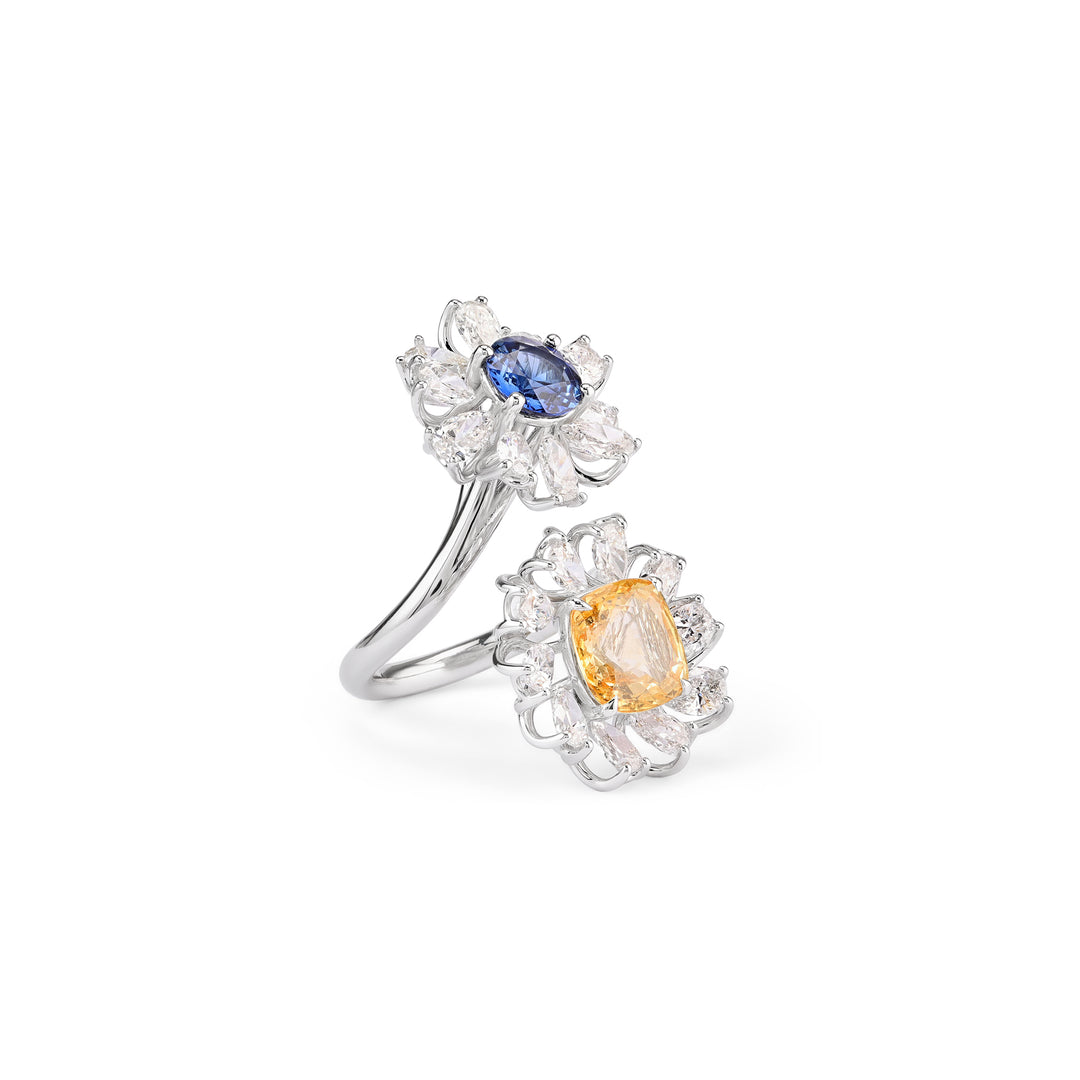 White Gold Diamond 2 Flower Ring With Natural Sapphire by Soit Belle
