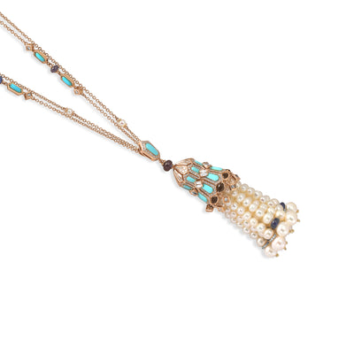 diamond rose gold pendant with pearls and blue sapphire