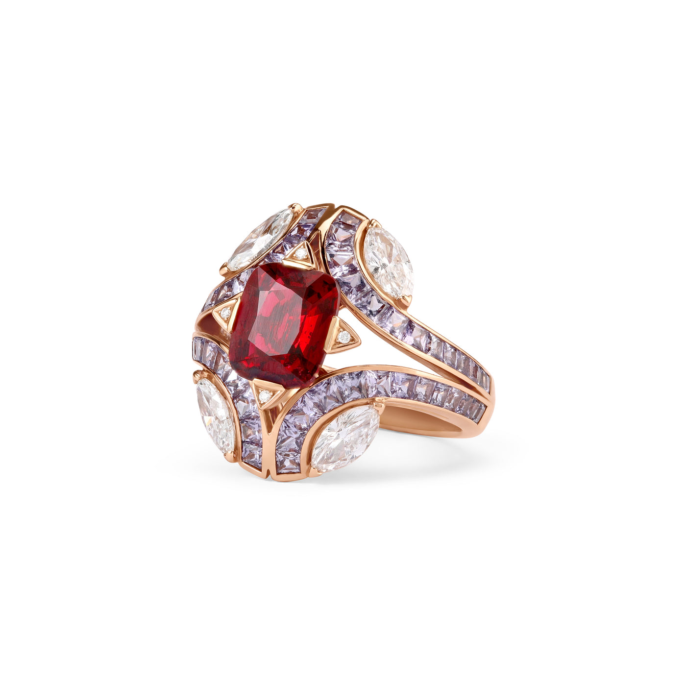 Rose gold diamond ring with vivid Natural spinel