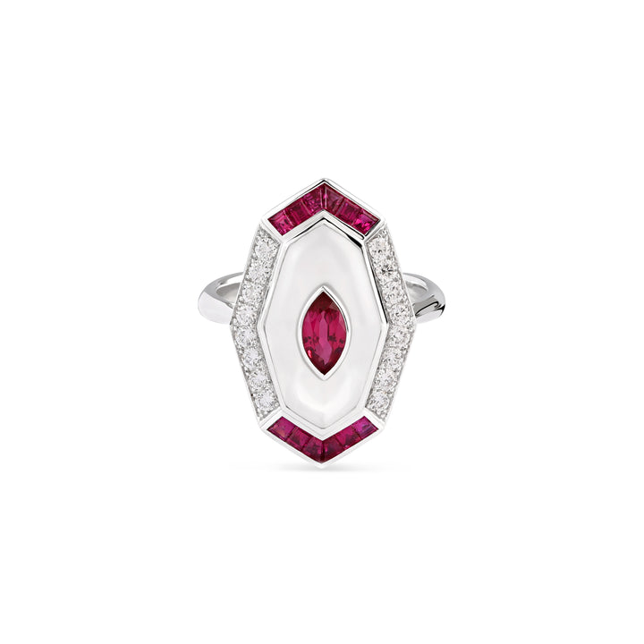 LA MINIEAR exuberant white gold diamond ring with ruby