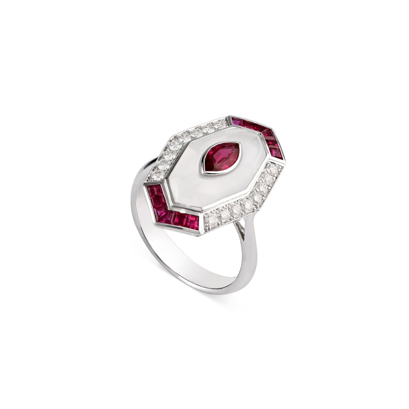 exuberant white gold diamond ring with ruby