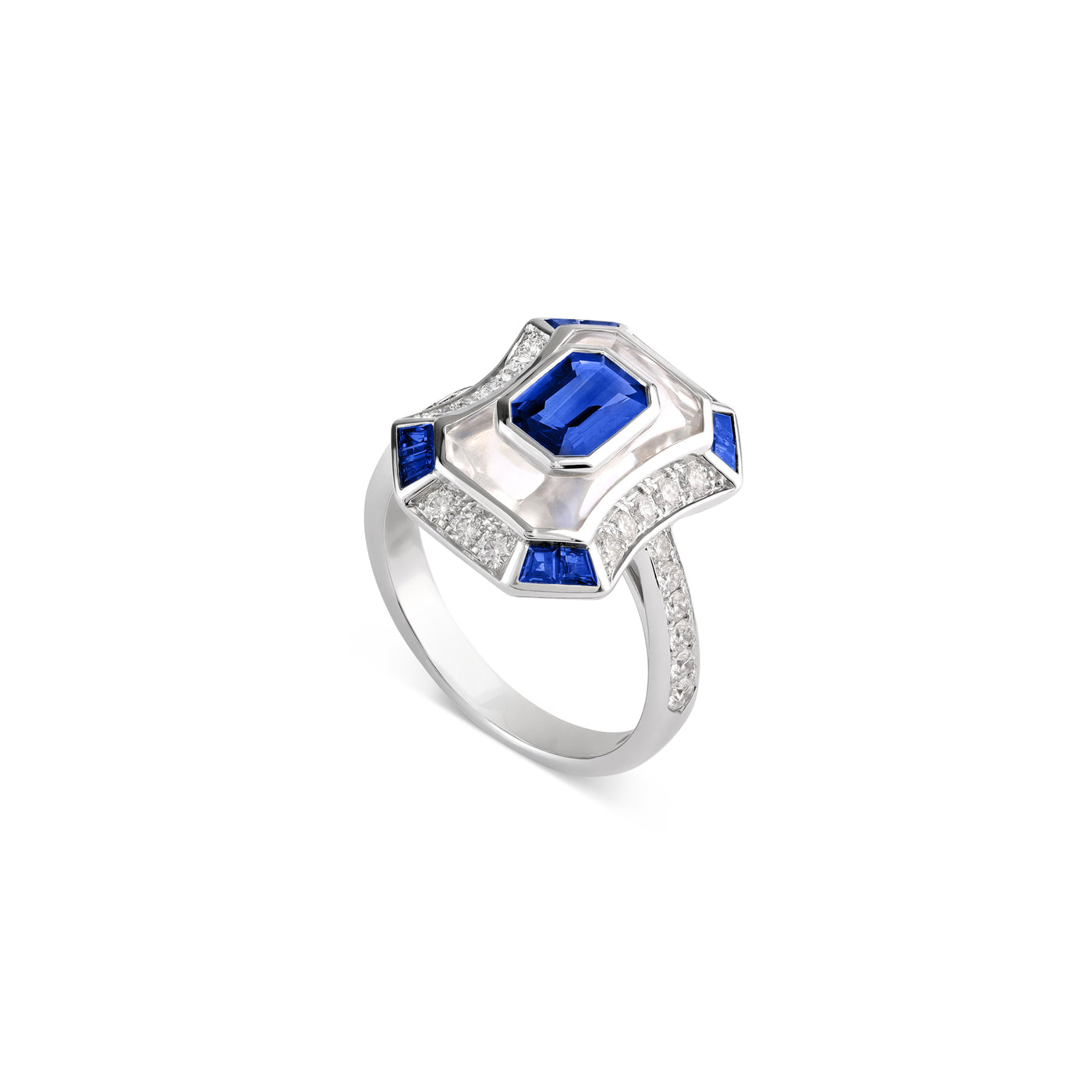 exuberant white gold diamond ring with blue sapphire