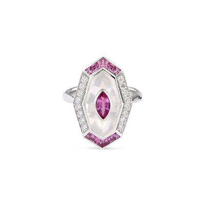 LA MINIERA exuberant white gold diamond ring with pink sapphire