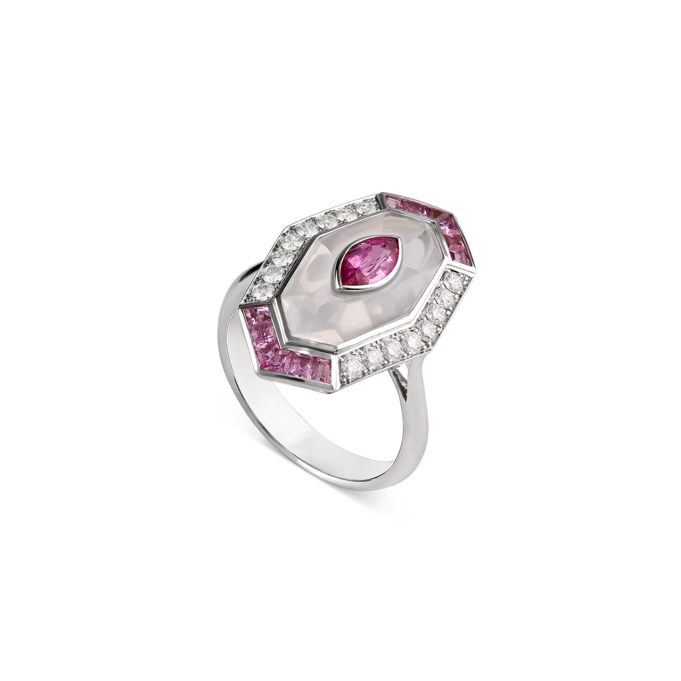 exuberant white gold diamond ring with pink sapphire