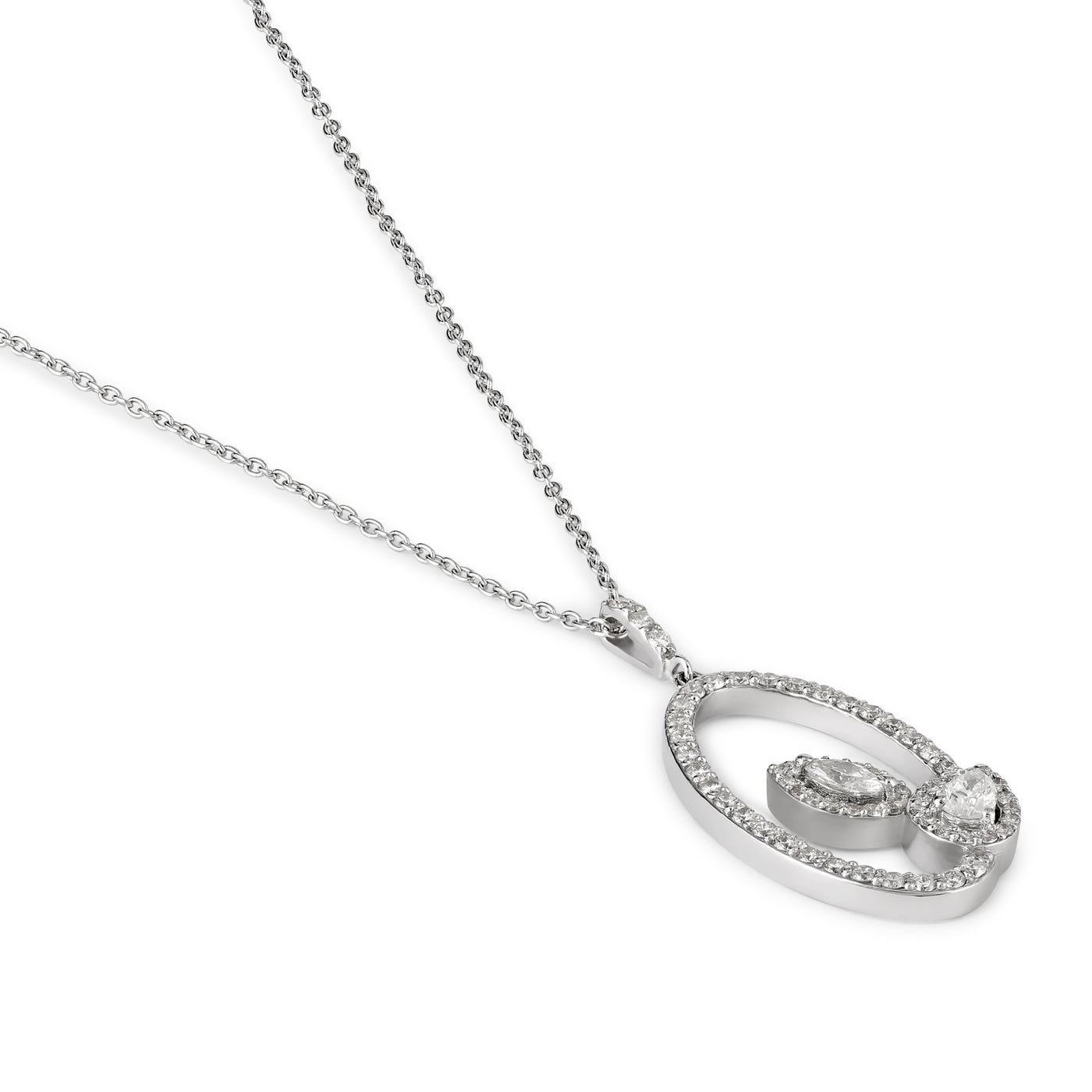 White Gold Oval with Leaves Diamond Pendant