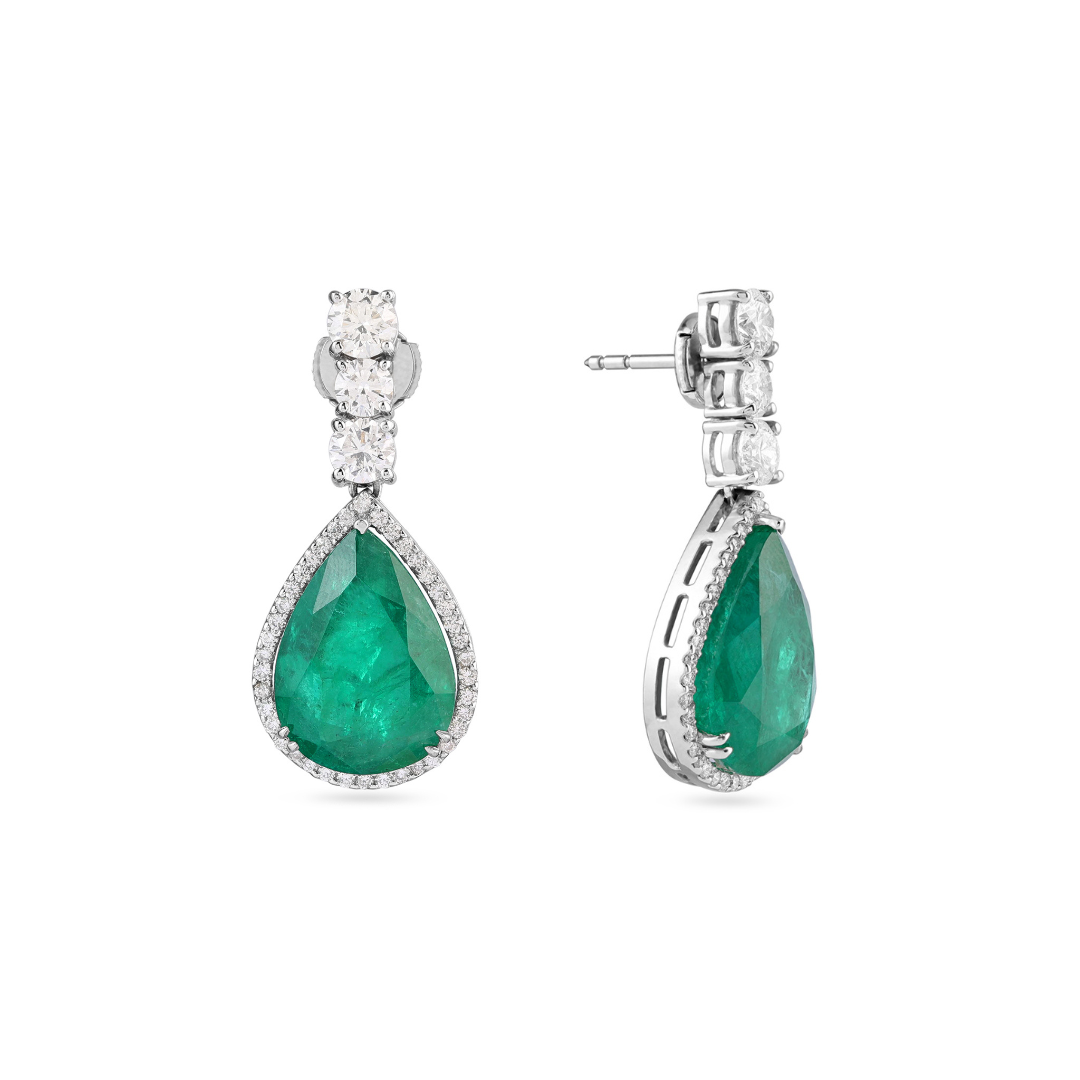 White Gold Diamond Pear Emerald Earring