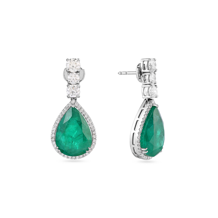 White Gold Diamond Pear Emerald Earring