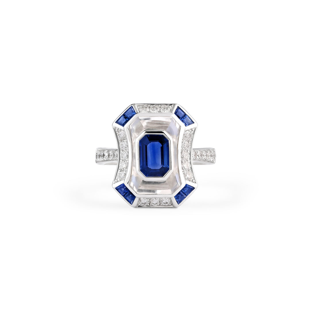 LA MINIERA exuberant white gold diamond ring with blue sapphire