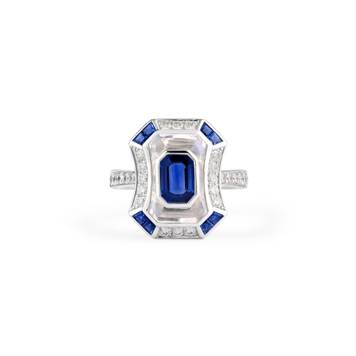 LA MINIERA exuberant white gold diamond ring with blue sapphire