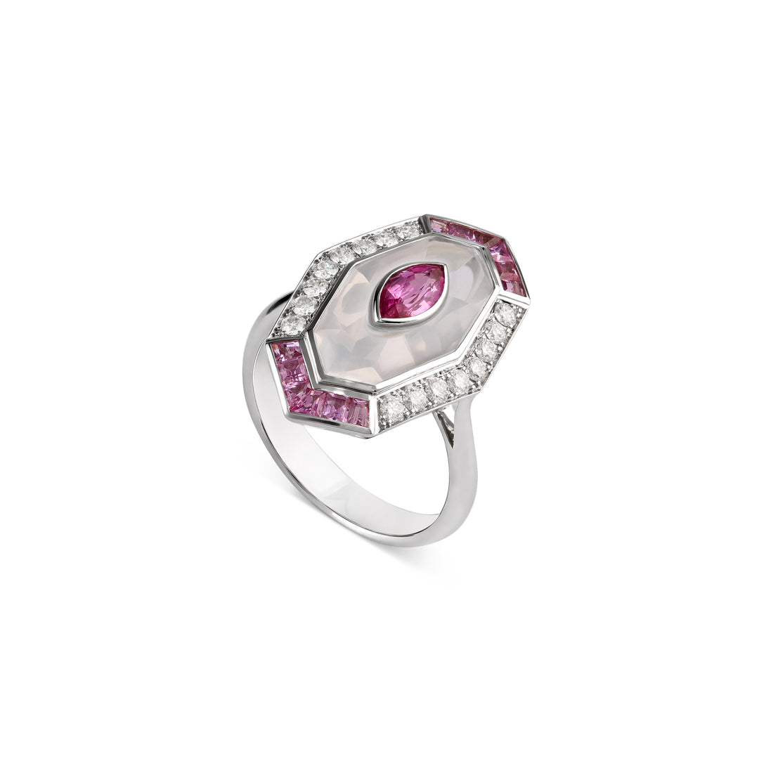 LA MINIERA exuberant white gold diamond ring with pink sapphire