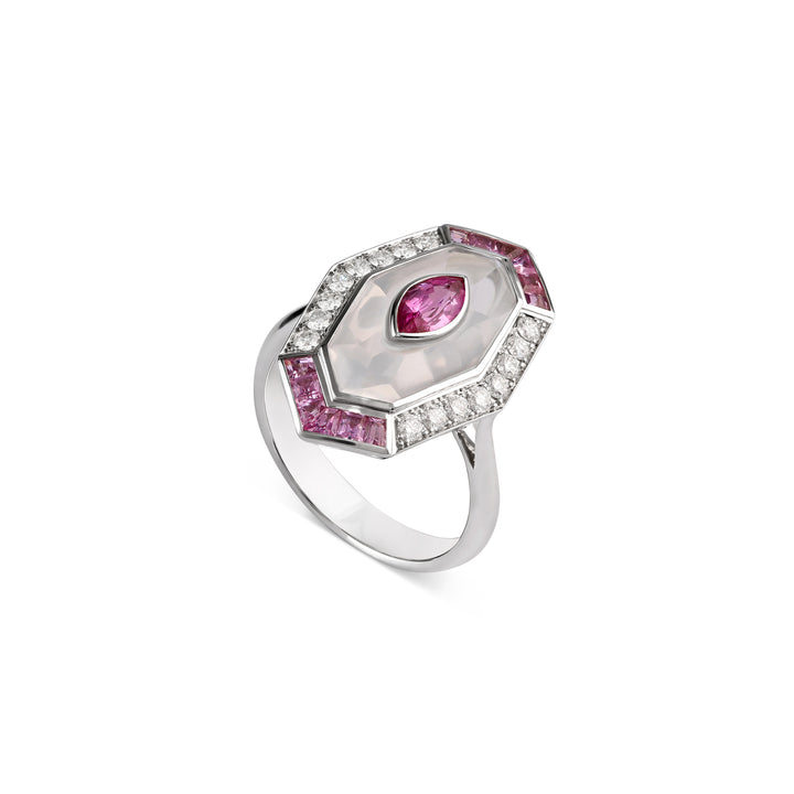 LA MINIERA exuberant white gold diamond ring with pink sapphire