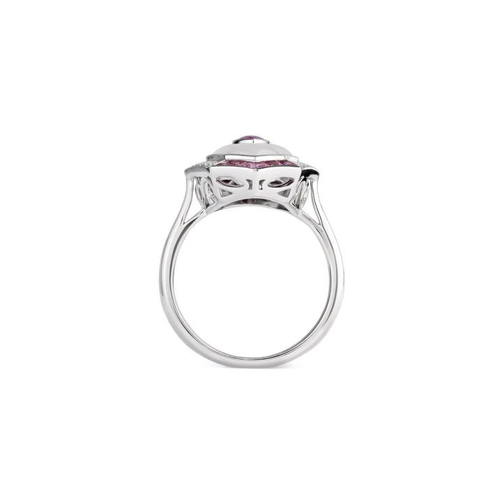 LA MINIERA exuberant white gold diamond ring with pink sapphire